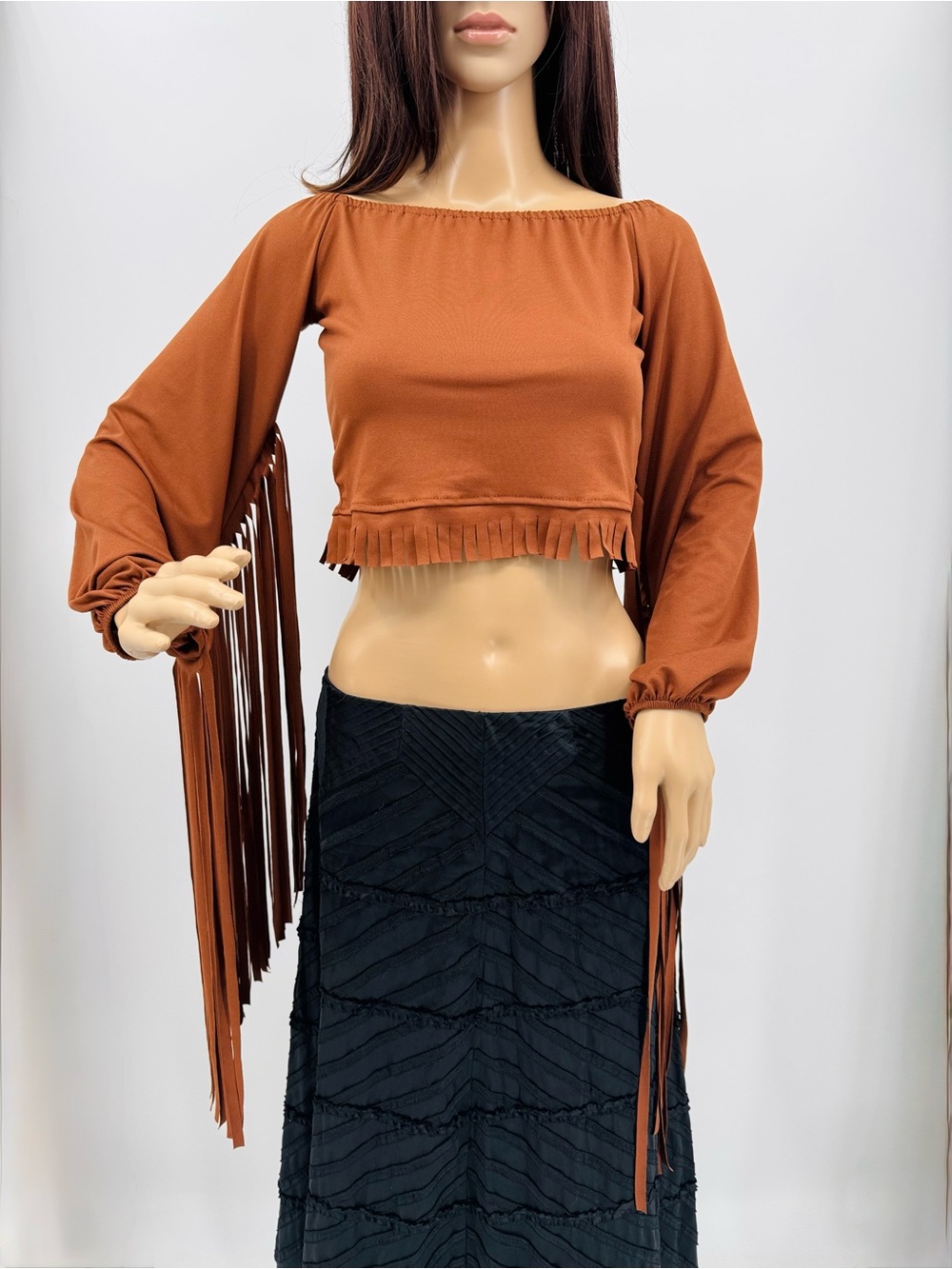 Vintage Boho Western Cowgirl Festival Hippie Fringe Cropped Long Sleeve Top